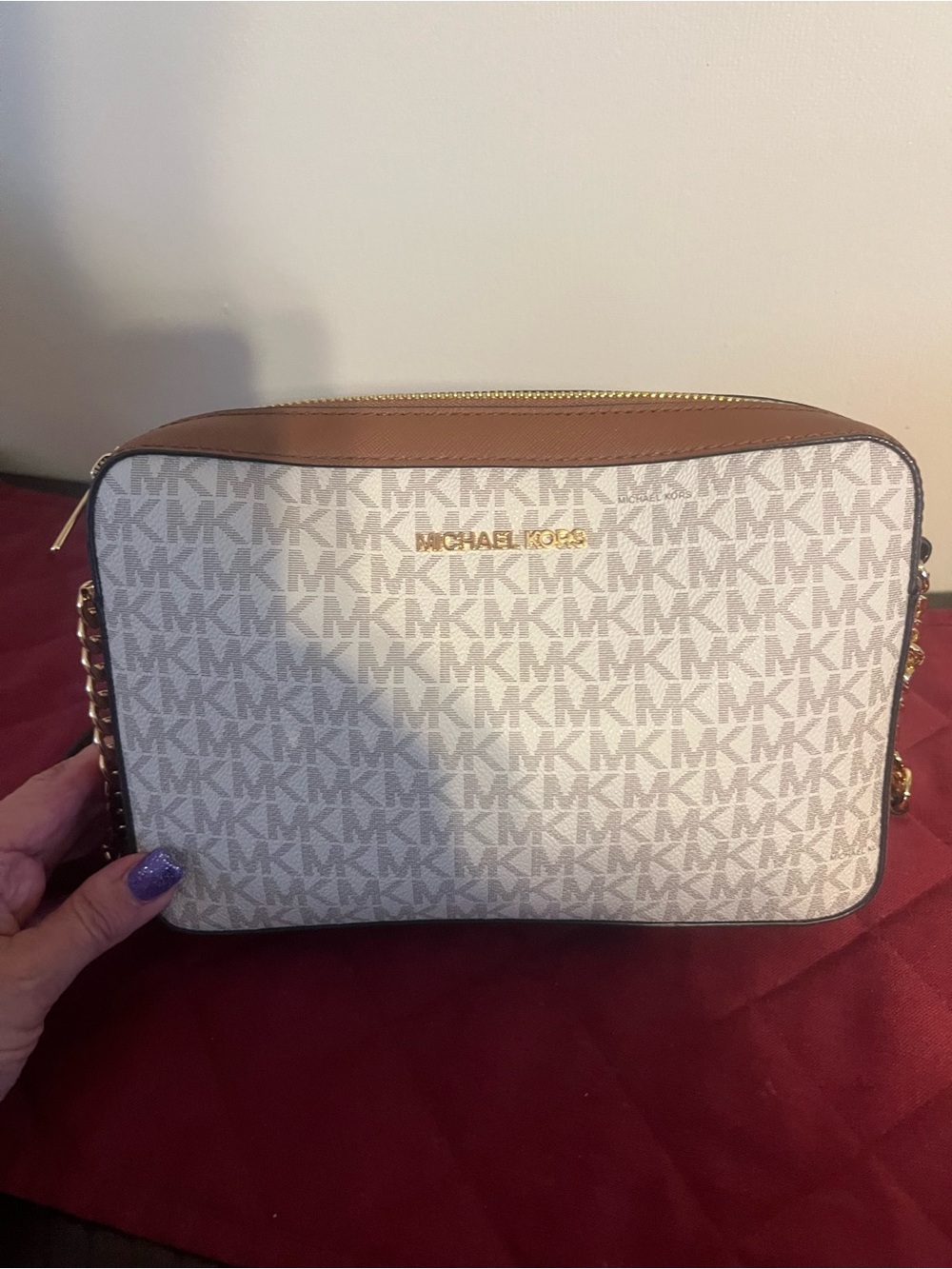 Michael Kors Vanilla and Luggage Signature Crossbody